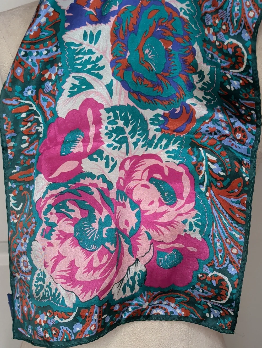 Vintage 80s Silk Honey Scarf Pink & Teal Floral Elegant Rectangle 53